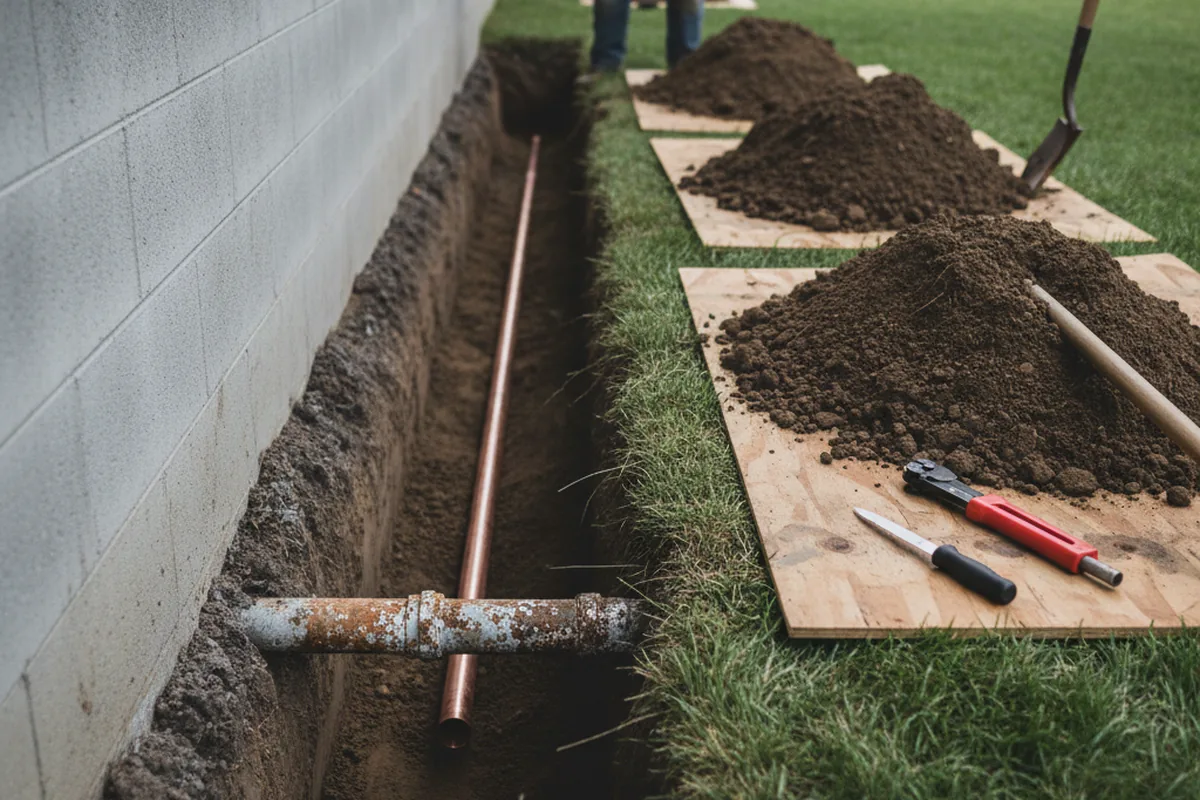 Excavated water line trench during Water Heater Repair in Campaign